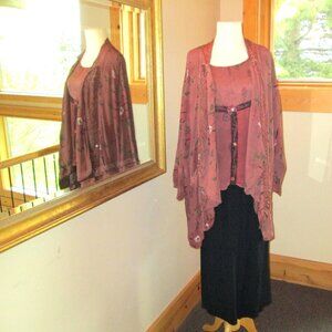 Lg. Vintage Tienda Ho Burgundy & Black Sleeveless Top, Duster and Wide Leg Pants